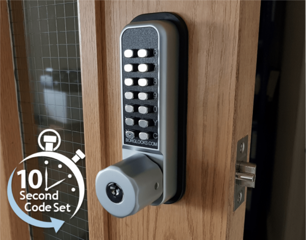 Borg BL2701ECP mechanical gate lock with keypad and 60mm latch for external doors - satin chrome finish with Heptagonal knob, key overide and code reset function