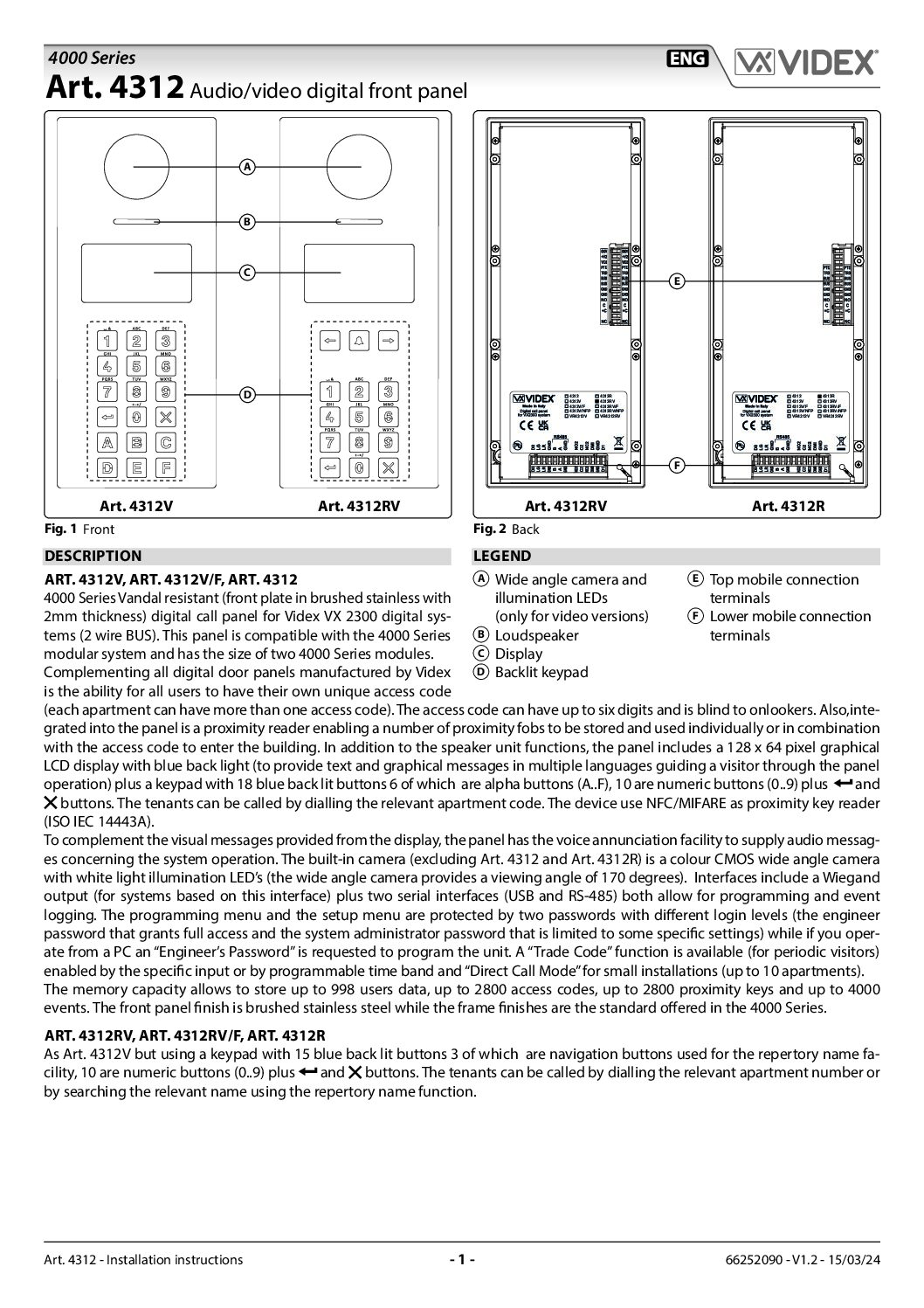 Videx VR4312V Manual