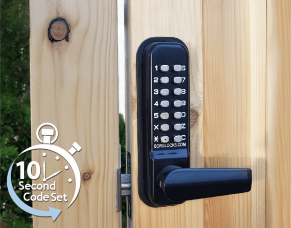 Borg BL4441ECP mechanical gate lock with back to back keypads and 60mm latch for external doors - black finish with free turning lever handle and code reset function