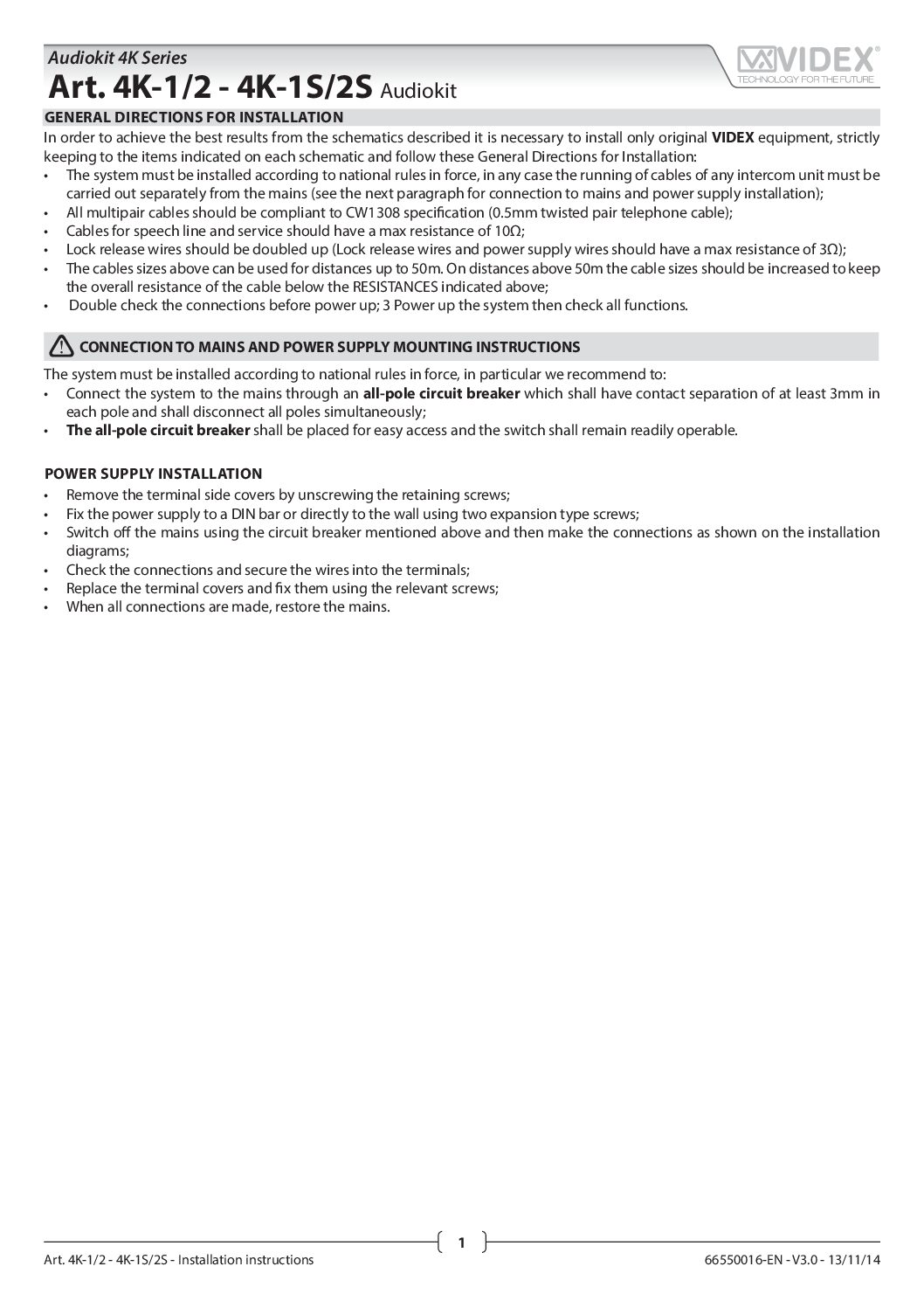 Videx 4K 1 & 2 Button Manual