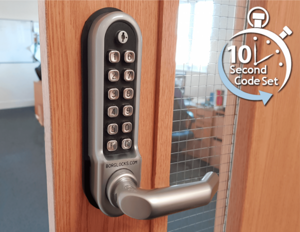 Borg BL5002ECP mechanical gate lock with keypad and 28mm latch for internal & external doors - satin chrome finish with round bar lever handle with code reset function