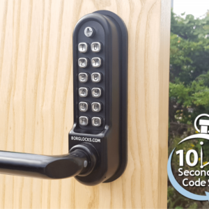 Borg BL5200ECP marine grade mechanical gate lock with keypad and free turning lever handle inside device for external doors (no latch mechanism)- black finish with code reset function