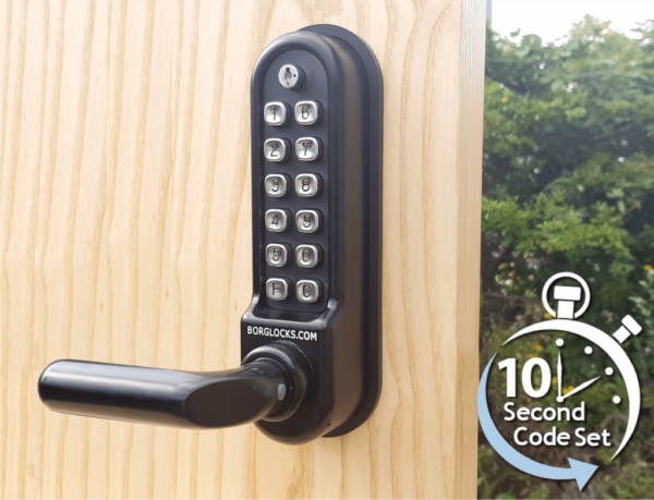 Borg BL5200ECP marine grade mechanical gate lock with keypad and free turning lever handle inside device for external doors (no latch mechanism)- black finish with code reset function