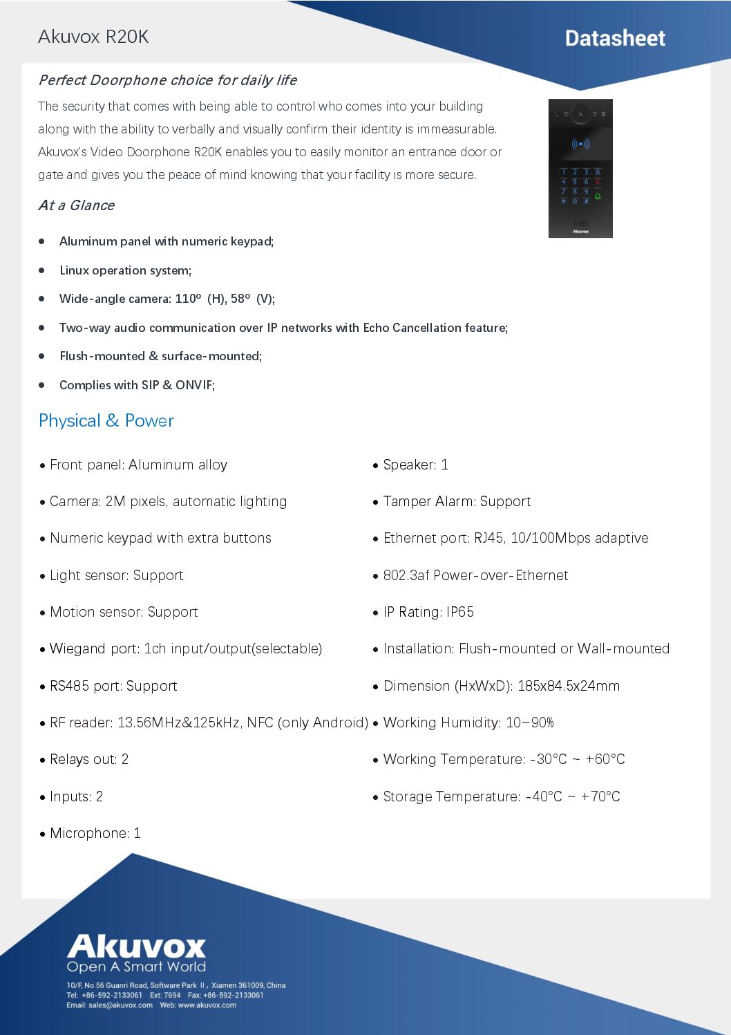 Akuvox R20K IP Black Datasheet