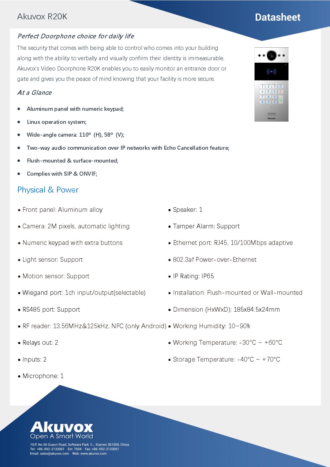 Akuvox R20K IP Datasheet