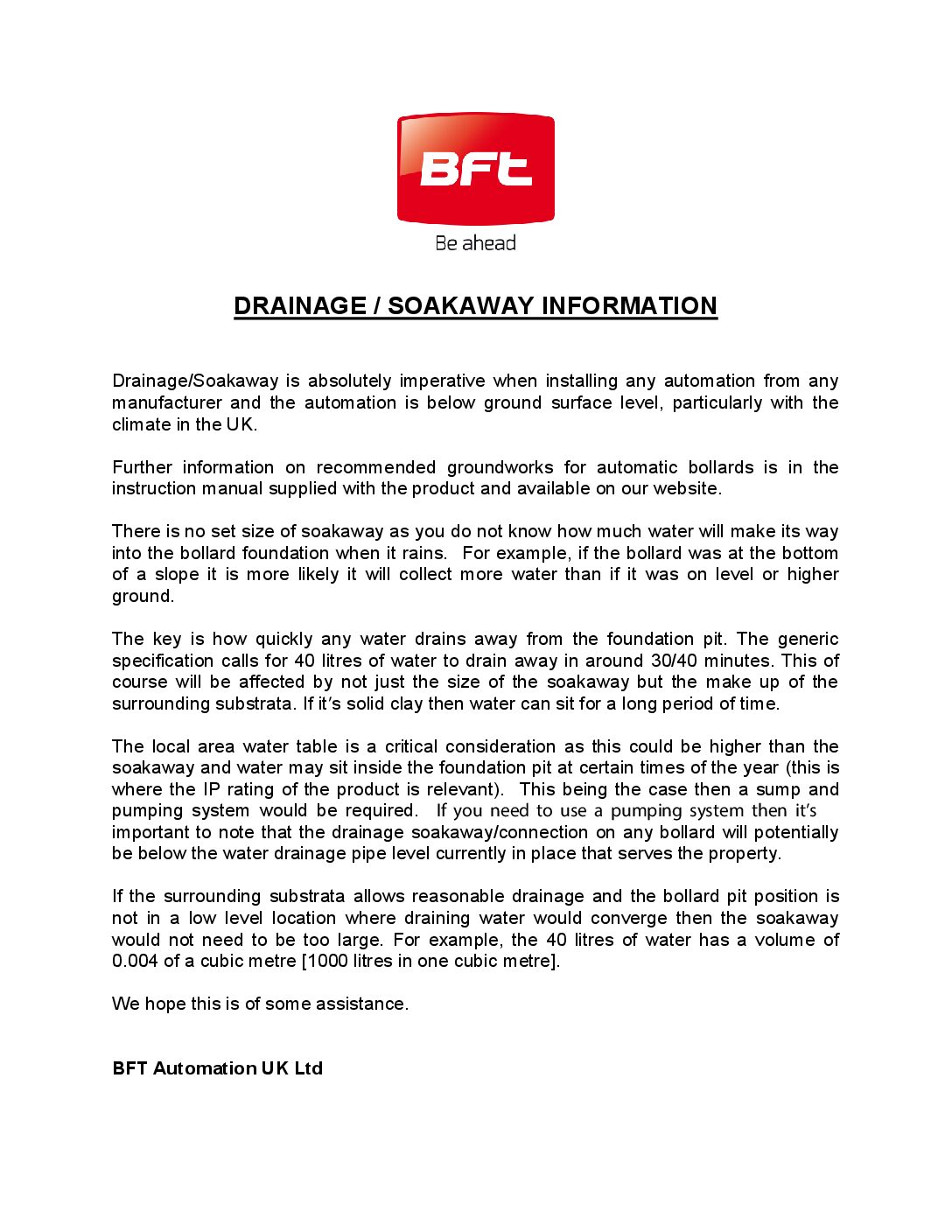 BFT Bollard Drainage / Soakaway Information
