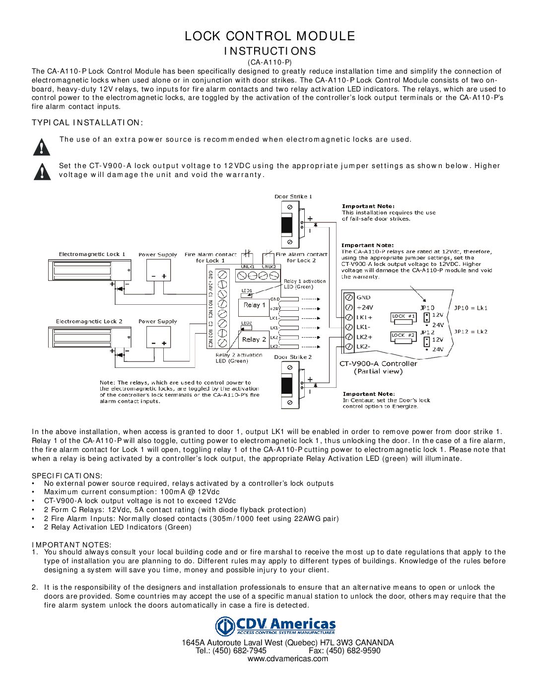 CDVI - CAA-110P Installation Manual