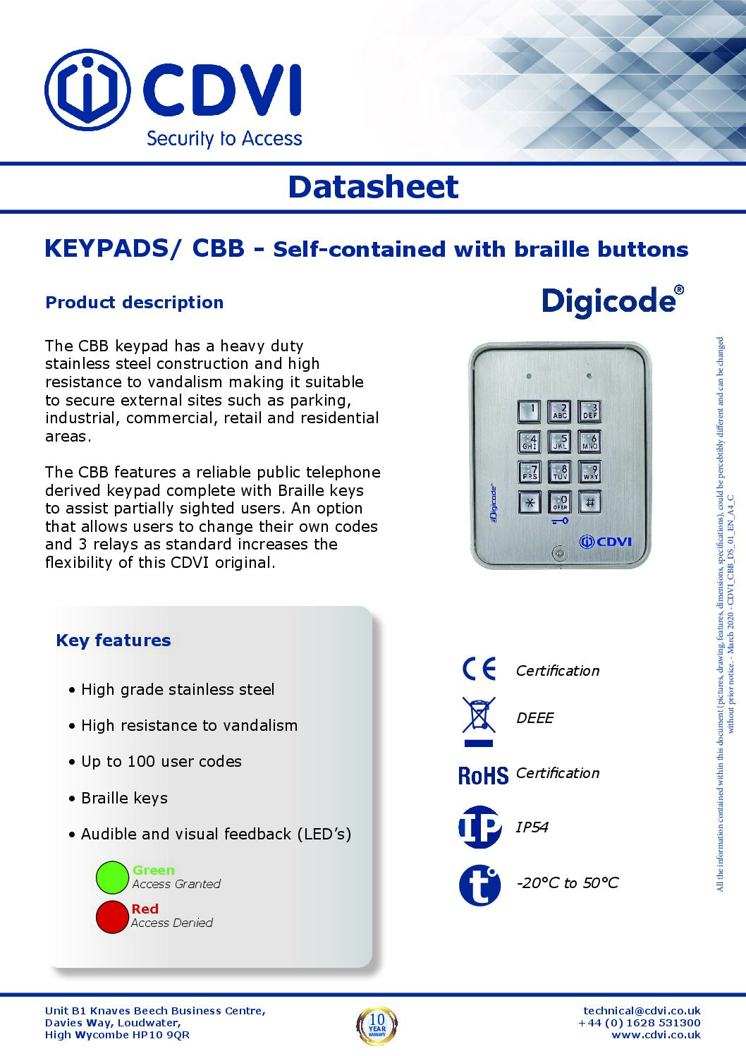 CDVI CBB Datasheet