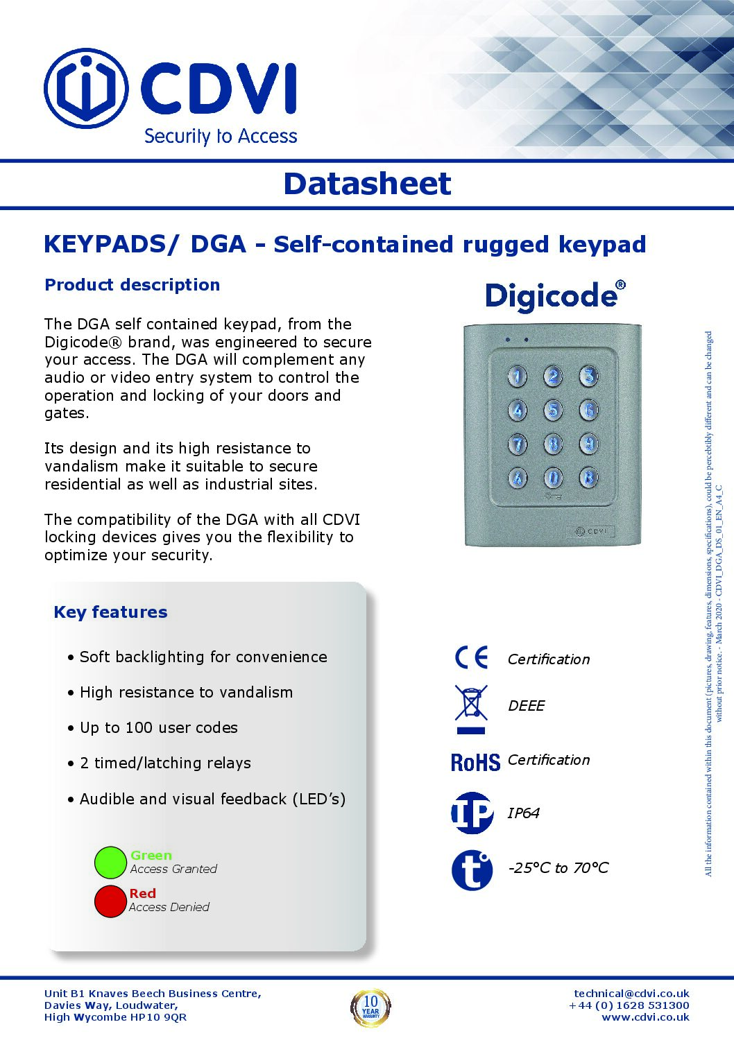 CDVI DGA Datasheet