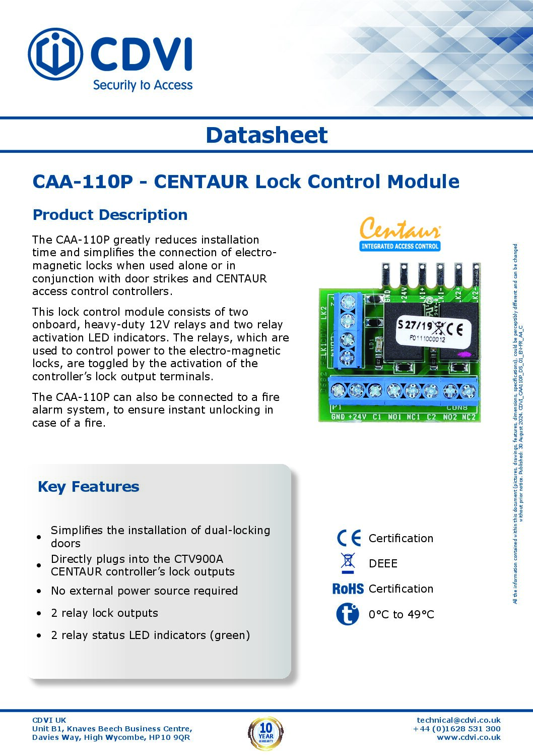 CDVI CAA-110P Data Sheet