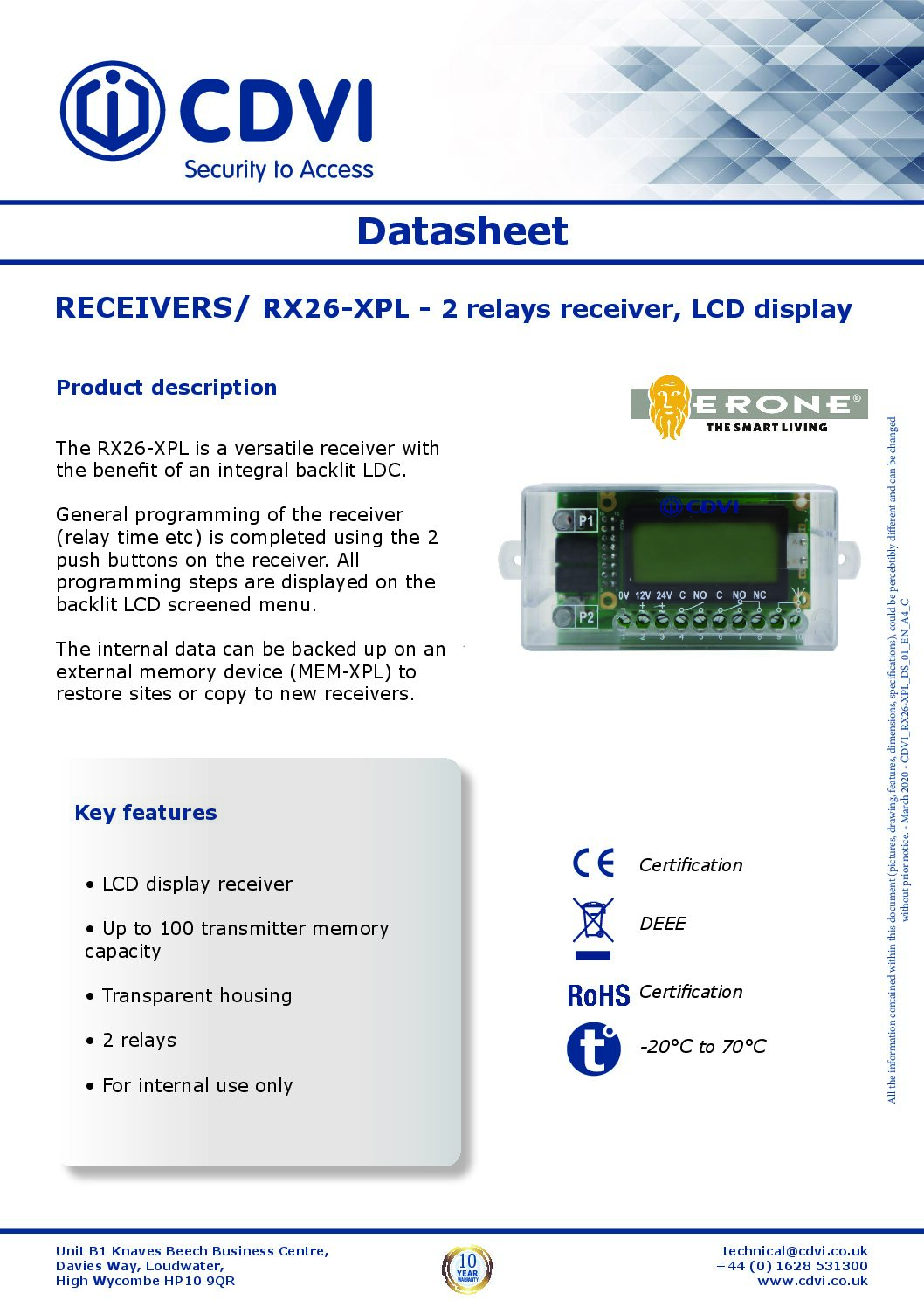 CDVI RX26-XPL Specification