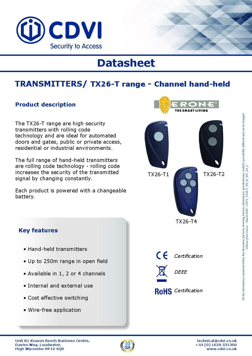CDVI TX26-T Datasheet