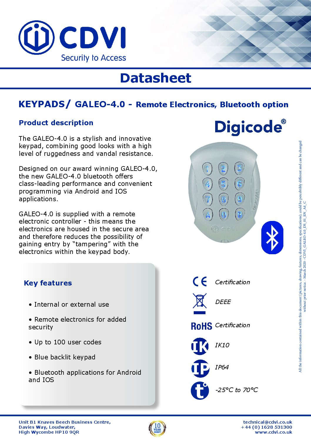 CDVI GALEO-4.0 Datasheet