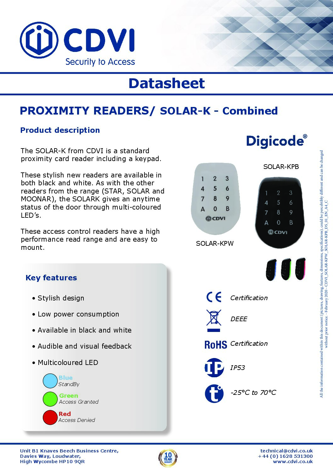 CDVI SOLAR-KPB Datasheet