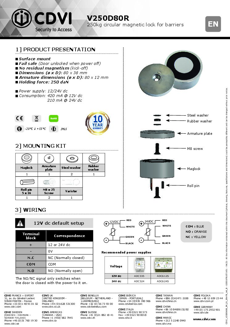 CDVI V250-D80R Manual