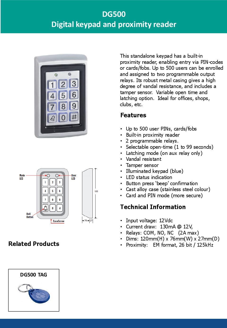 DG500 Standalone Keypad Datasheet