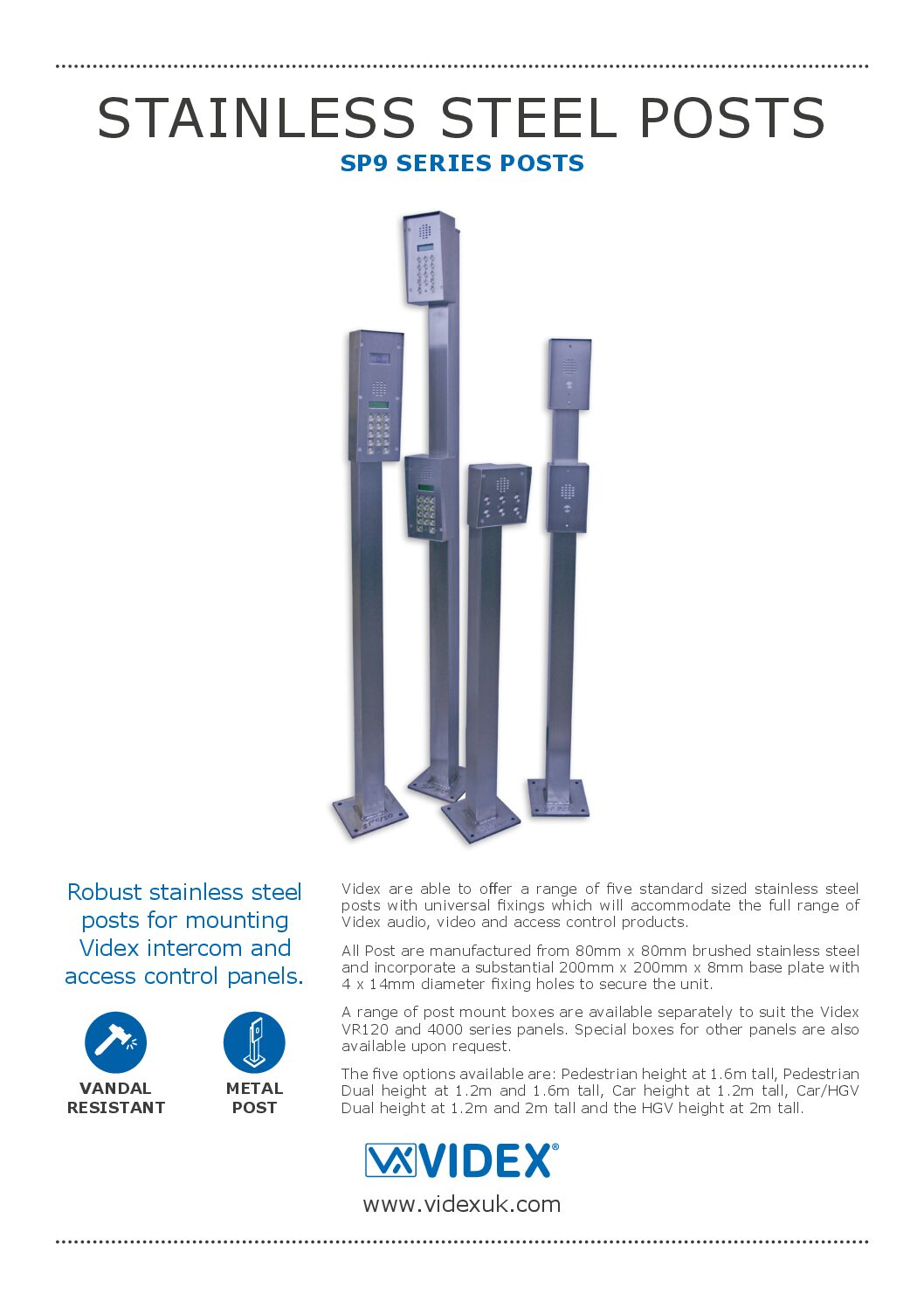 Videx SP9 Intercom Posts Datasheet