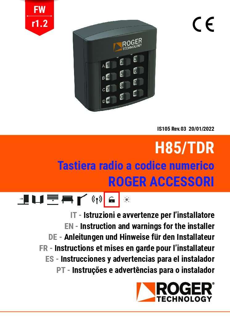 Roger H85 Keypad Manual