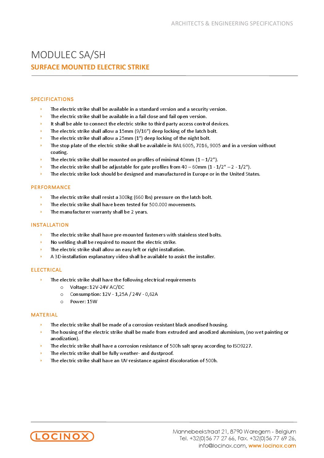 Locinox Modulec SA/SH Specification