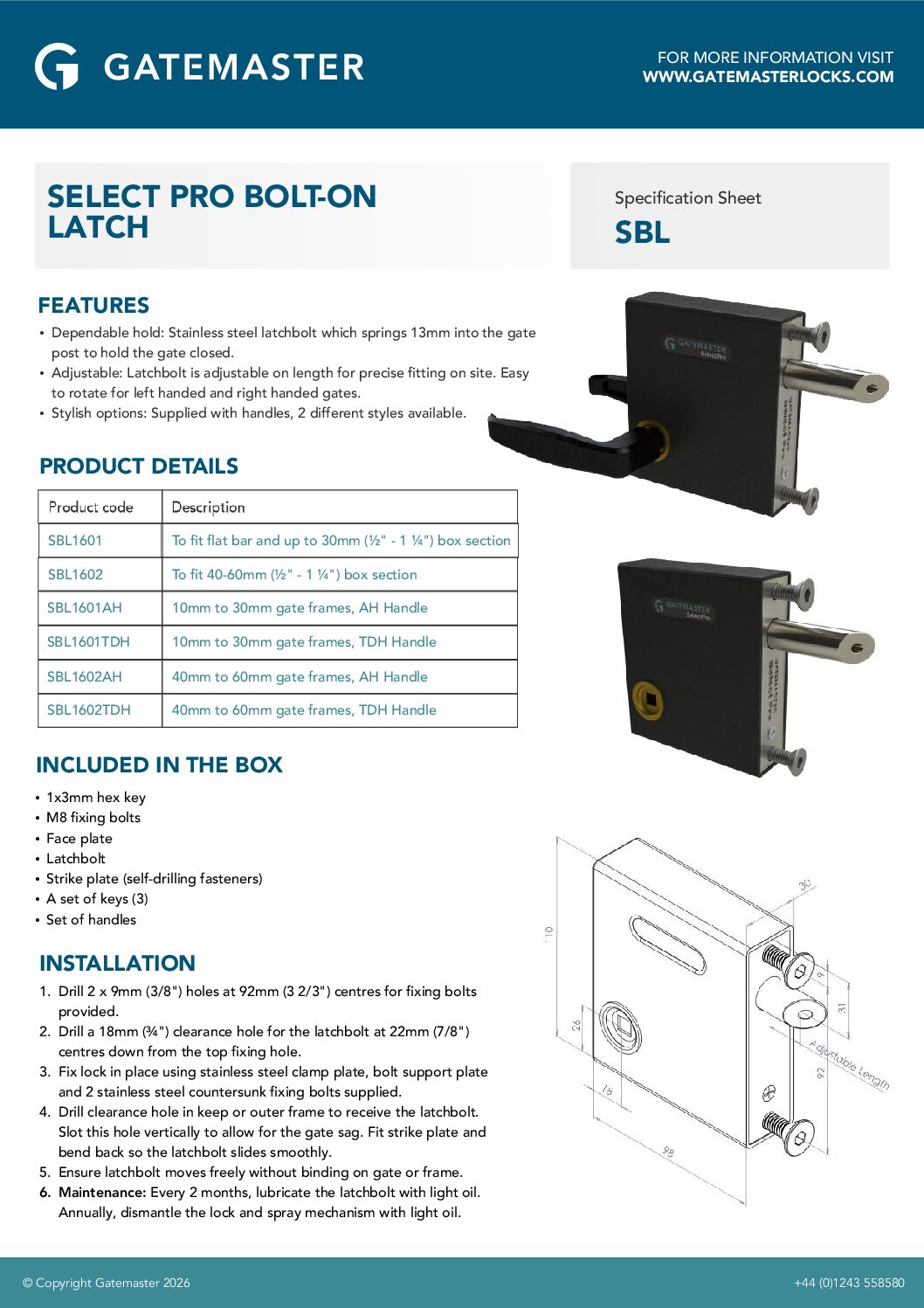 Gatemaster SBL1601/02AH Spec
