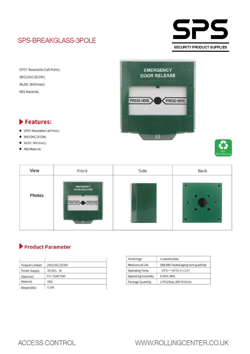 SPS BREAKGLASS 3 POLE DATASHEET