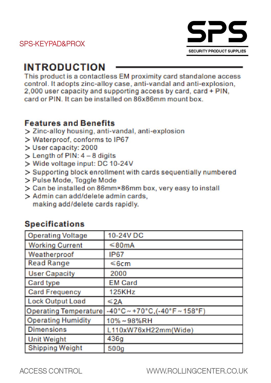 SPS KEYPAD&PROX MANUAL