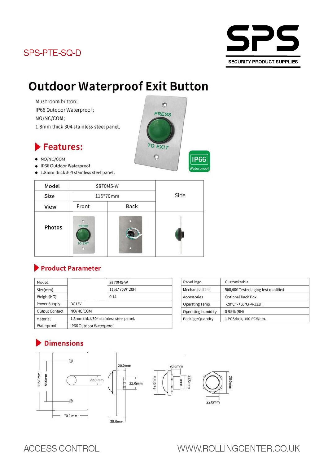 SPS PTE SQ Domed Datasheet