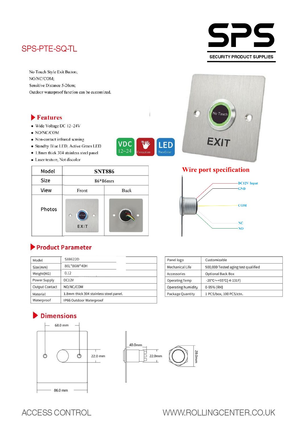 SPS PTE SQ Touchless Datasheet