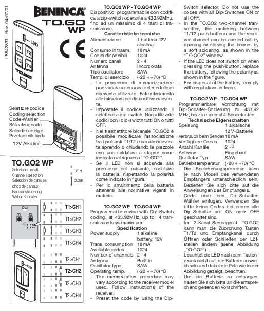 Beninca TO.GO Dip Switch Manaul