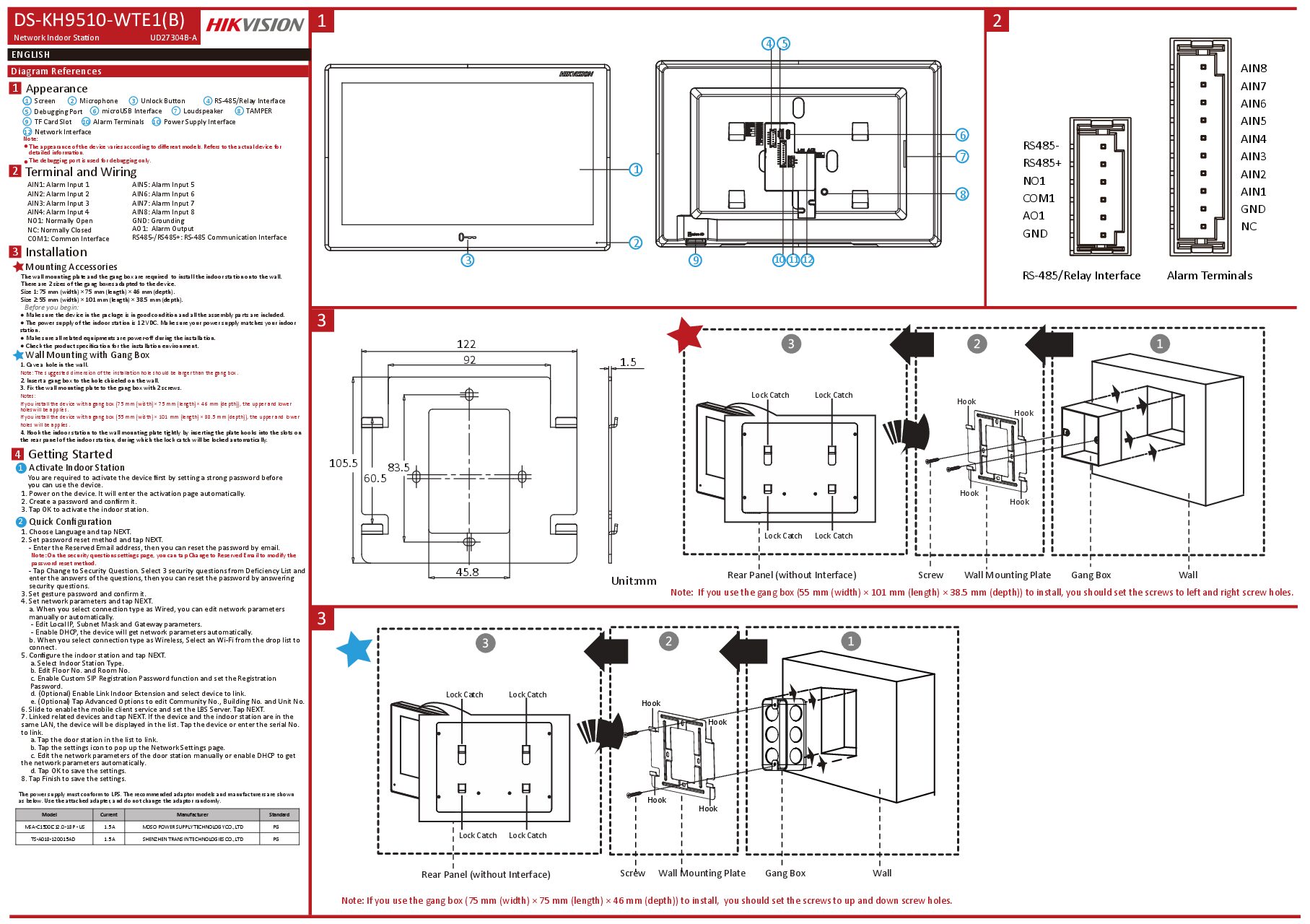 Hikvision Quick start guide DS-KH9510-WTE1(B)