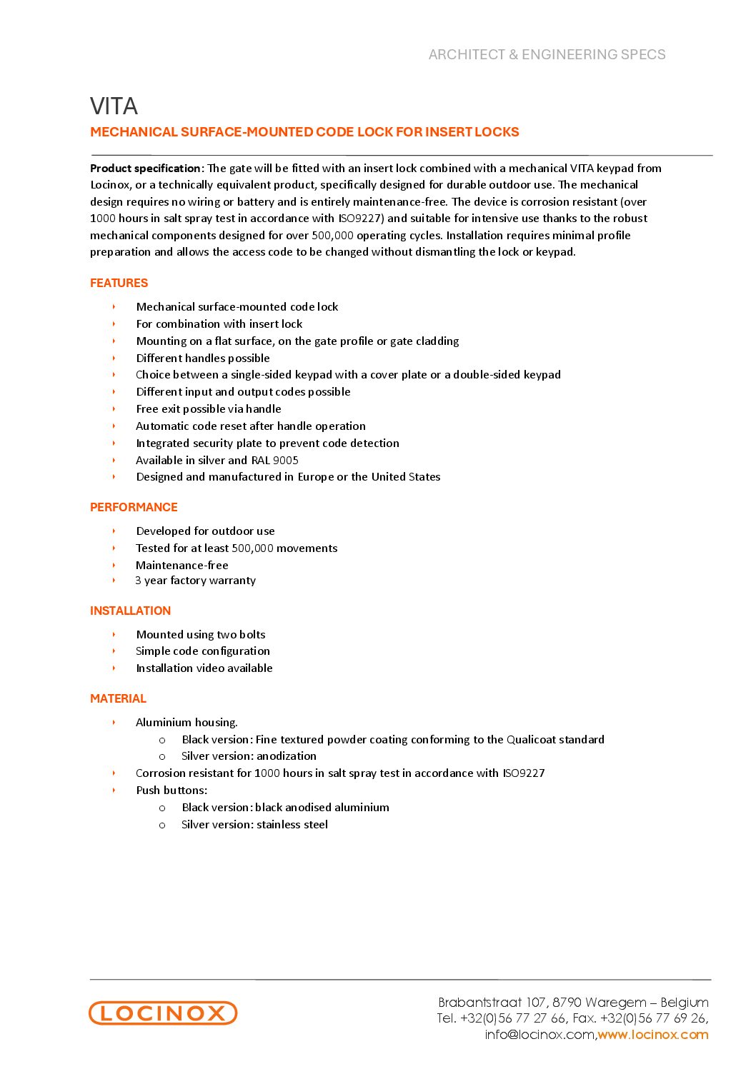 Locinox Vita Specification