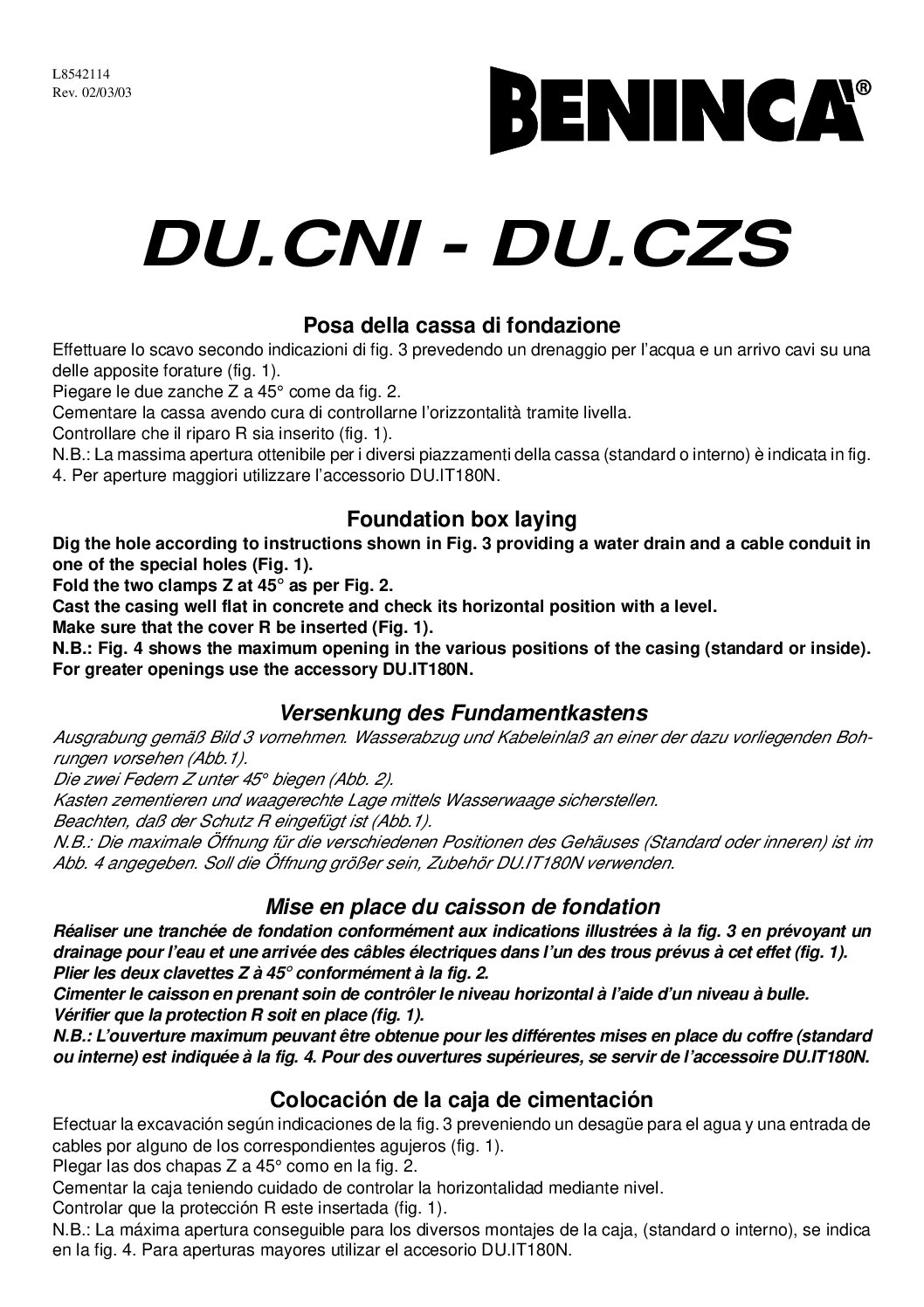 Beninca DU.IT.CZS Datasheet