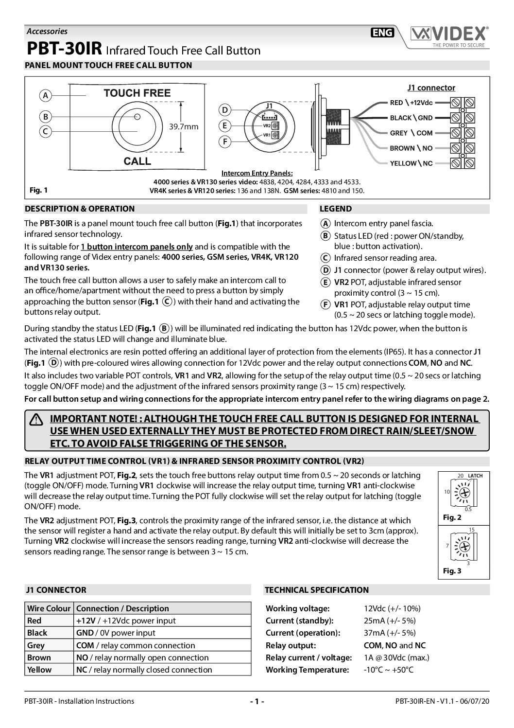 Videx NT Touch Free Button Instructions